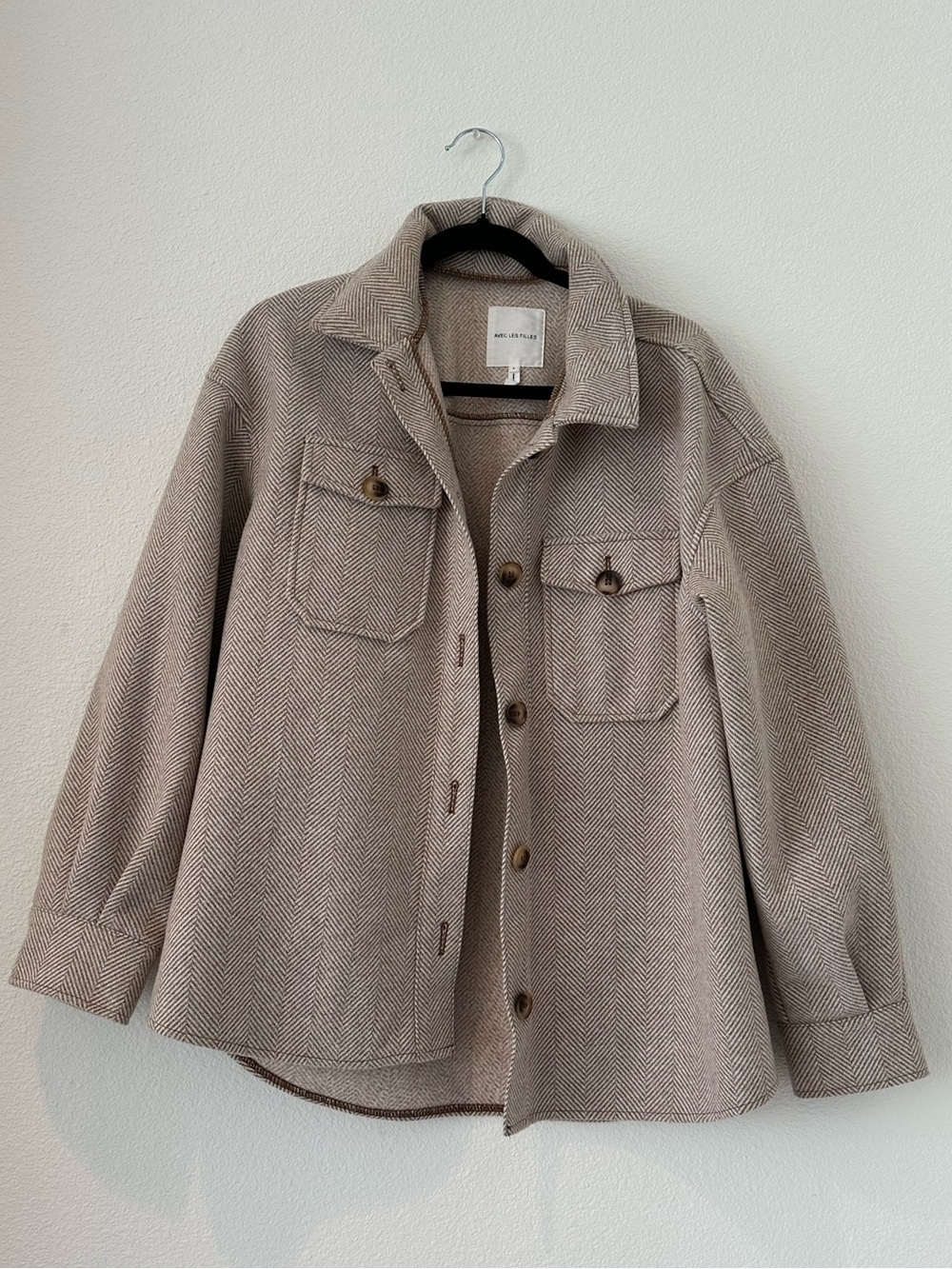 Avec les filles heavy shacket camel herringbone